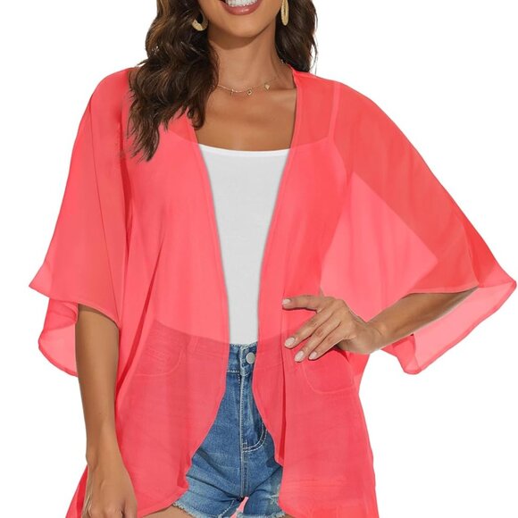 Womens Kimono Cardigans Beach Cover ups Swimwear Puff Sleeve Loose Casual Summer - Picture 3 of 6